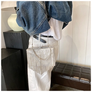Silver rhinestone tassel clutch bag shown on a model with denim jacket and white pants