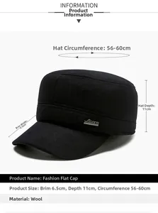 Detailed view of black wool winter cap with size specs 6.5cm brim and 56-60cm circumference