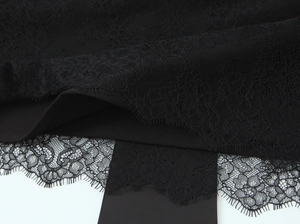 Close-up of black lace fabric showing intricate floral patterns and eyelash trim detail