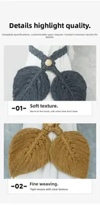 Detail of handmade woven leaf curtain tiebacks with wood beads in gray and yellow