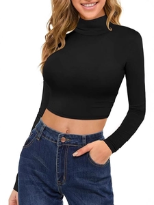 Slim fit black long sleeve mock neck crop top for women made of stretch knit fabric