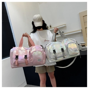 Waterproof pearlescent gym bags in pink and silver finish with adjustable straps