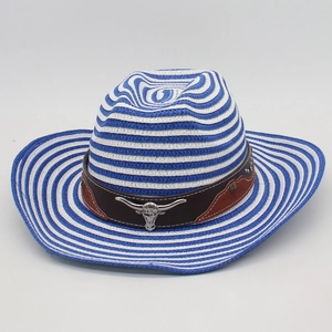 Blue and white striped woven cowboy hat with leather band and metal bull head ornament