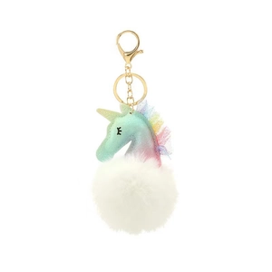 Detail of unicorn plush keychain with mint lace, glitter ears and white faux fur pompom