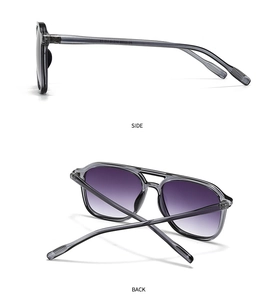 Side and back view of retro square sunglasses with purple gradient lenses and grey frames