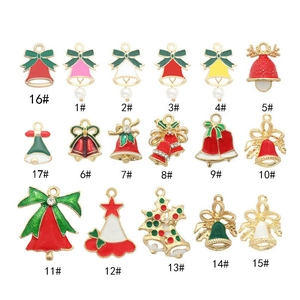 Christmas alloy enamel bell charms in 17 festive designs with pearls and rhinestones