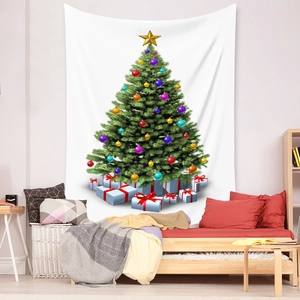 Detail of Christmas tree tapestry showing ornaments and gift boxes on a bedroom wall