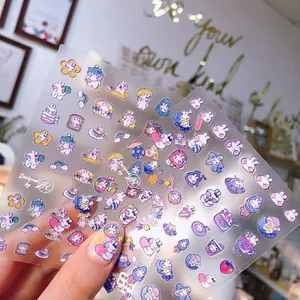 3D geprägte Cartoon-Hasen-Nagelaufkleber mit Reliefeffekt auf transparenter Folie