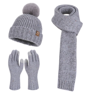 Winter 3-piece set with knit hat scarf and gloves in light gray tweed with fur pom