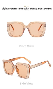 Macro detail of oversized light tea sunglasses with sparkling rhinestone embellishments