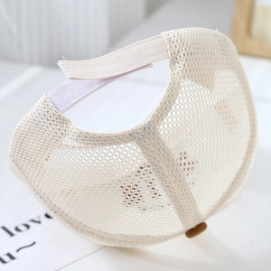 Detail of breathable mesh texture and adjustable velcro strap on beige kids sun hat