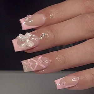 Sweet French Pink Press On Nails With 3D Relief Bowknot And Flower Design Artificial False Nails For Women Daily Manicure