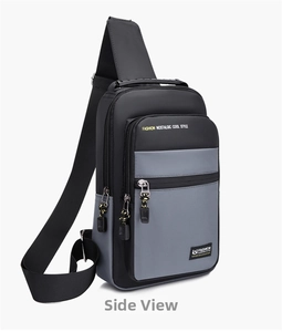 Detailed side view of multi-compartment Oxford fabric chest bag with gray and black panels
