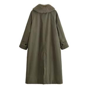 Olive green long coat featuring a grey faux fur collar and back slit design on white background