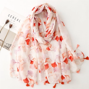 Ginkgo Leaf Print Scarf Shawl Chinese Style Lightweight Bali Yarn Polyester Tassels Sun Protection Women Vintage