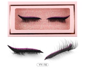 Detail of YY-16 black false eyelashes with purple glitter eyeliner band in pink box
