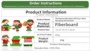 Specifications of colorful plywood Christmas elf ornaments in a wooden storage box