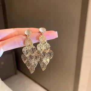 Hollow Leaf Tassel Long Drop Earrings With Cat's Eye Stone And 925 Sterling Silver Earring Post Retro Alloy Jewelry