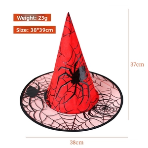 Roter Halloween-Hexenhut mit schwarzem Spinnennetzmuster und Details zum Gewicht