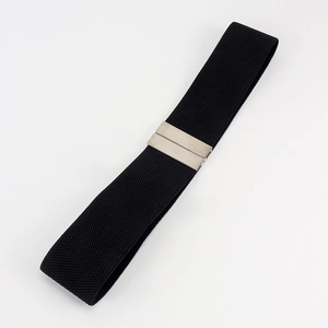 Close-up of a 5cm wide black elastic waist belt with a polished silver rectangular buckle