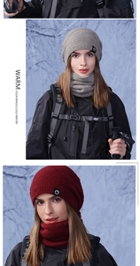 Detail of grey and wine red knit hat and neck warmer set with warm fleece lining