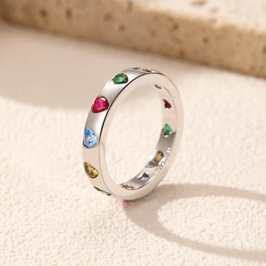 S925 sterling silver ring featuring colorful heart-shaped cubic zirconia gemstones