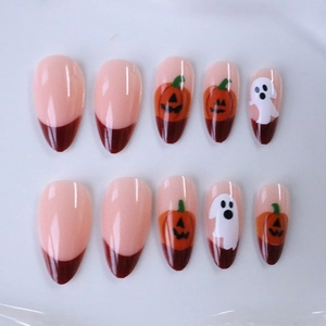 Faux ongles amande Halloween avec motifs citrouille et fantôme mignons style français
