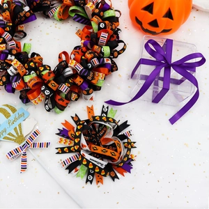 10mm Halloween ribbon set with orange, purple, and black patterns for DIY bows