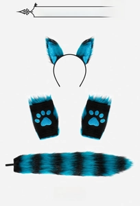 Ensemble cosplay bleu et noir en fausse fourrure avec oreilles de renard et gants pattes