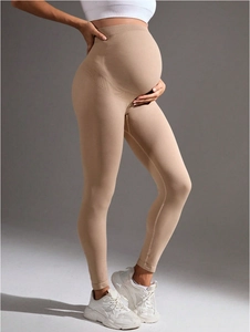 Leggings premaman yoga a vita alta beige, fascia di supporto addominale senza cuciture