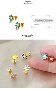 Detailed close-up of colorful five-petal flower stud earrings in stainless steel and gold finish