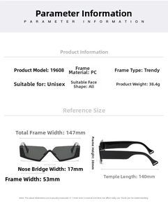 Detailed size chart for retro PC half-frame sunglasses with specific frame measurements
