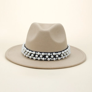Vintage khaki wool felt fedora for women featuring a black ribbon with pearl accents