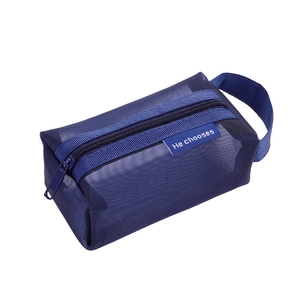Minimalist navy blue mesh rectangular pouch with zipper and convenient side handle strap