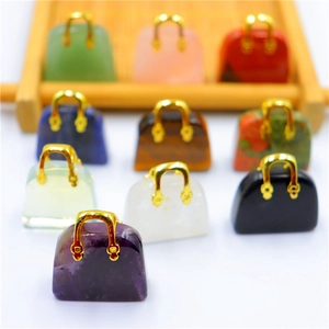 Mini Handbag Shaped Pendant Natural Crystal Stone Gemstone Purse Charms With Gold Metal Handle For DIY Jewelry Making