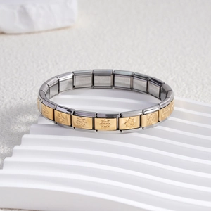 Bracciale modulare italiano in acciaio inossidabile con rilievo sole dorato