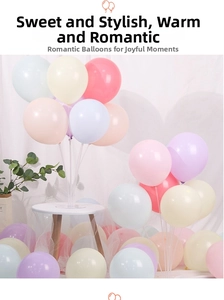 Macro detail of macaron pastel balloons with transparent support stand for party decor