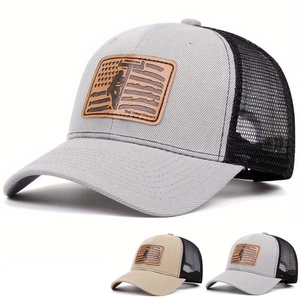 Retro mesh truck hat with leather patch featuring lineman climber and flags
