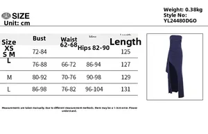 Size chart for the strapless slit knit dress showing measurements for XS to L sizes