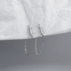 Detailed view of S925 sterling silver tassel chain earrings with rectangular zircon inlay