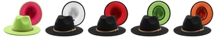 Detail of two-tone wide brim wool fedora hats with leather band and gold buckle details