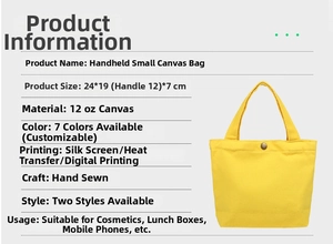 Detalle del bolso tote de lona amarilla 12oz con medidas 24x19x7cm y costuras hechas a mano