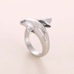 Polished stainless steel 316L dolphin ring with blue gemstone eyes for men