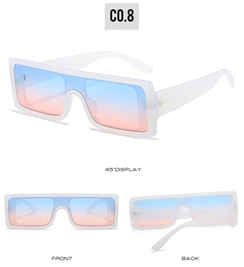 Detailed views of white square sunglasses with blue-orange gradient lenses from three angles