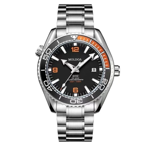 Professional MOLDOA diver watch with black dial, orange bezel and metal strap