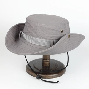 Detail view of water-resistant hiking hat with wide brim and side snap buttons
