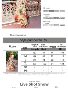 Detailed size chart for vintage floral maxi dress showing measurements for S to XL sizes