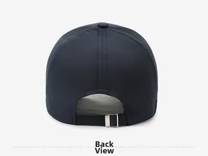 Detail view of navy cotton baseball cap back featuring an adjustable silver metal slider buckle