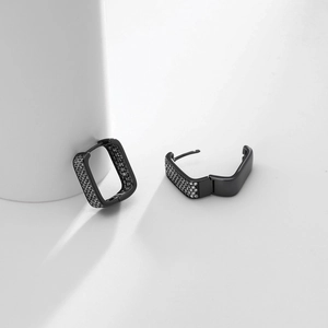 Detailed view of square silver hoop earrings with black finish and micro-set zircons