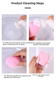 Step-by-step cleaning guide for mushroom head makeup sponges with clear process visual